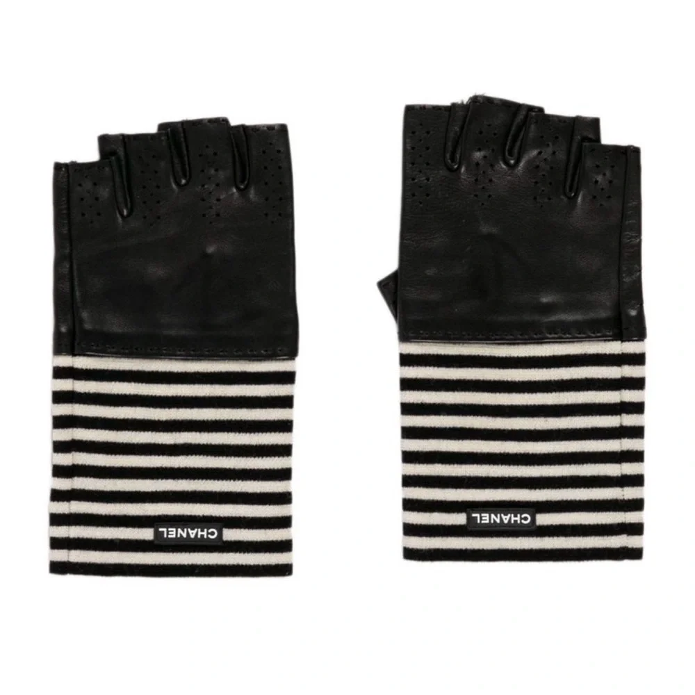 CHANEL Black and White Striped Fingerless Gloves EUC
